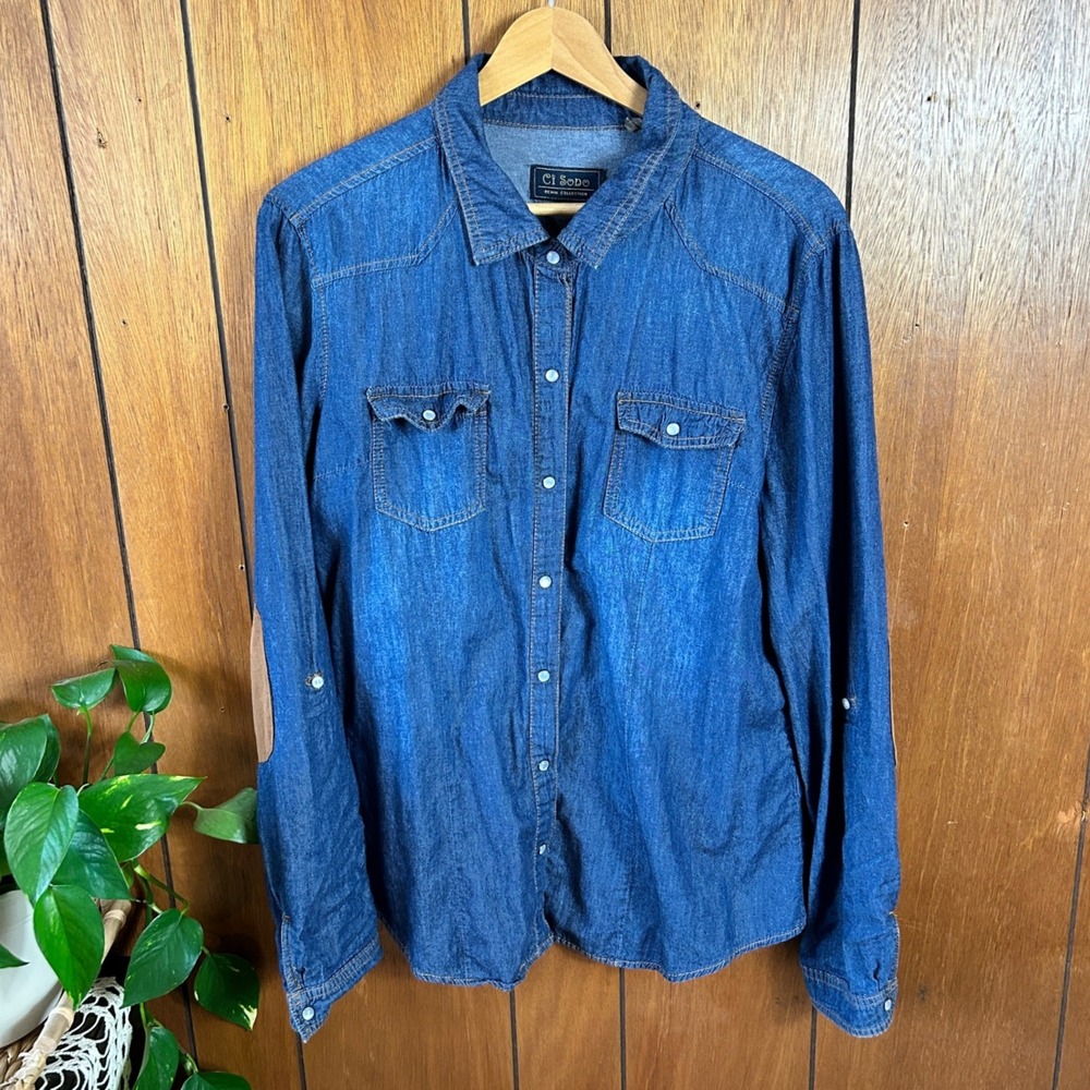 Vintage y2k Ci Sono Denim Collection Mens XL Long Sleeve Button‎ Elbow Patches
